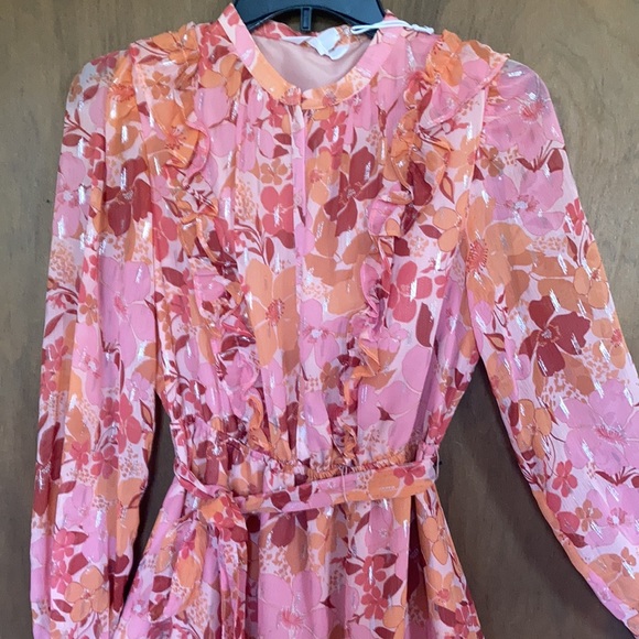 Relist9/28 LC Lauren Conrad floral print dress ruffle & metallic details boho XS - Picture 4 of 17